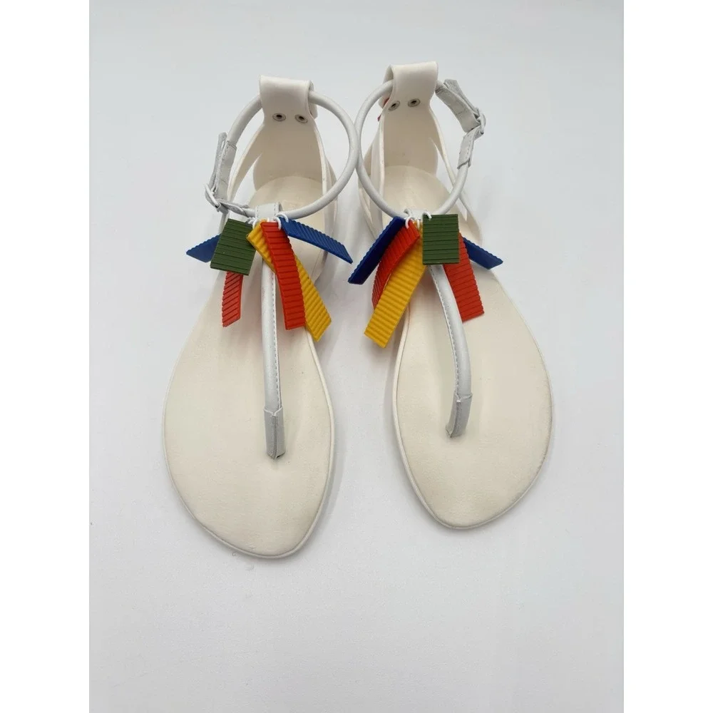 Hunter Original White T-Strap Sandals Rainbow Fringe Charms Women's US 6